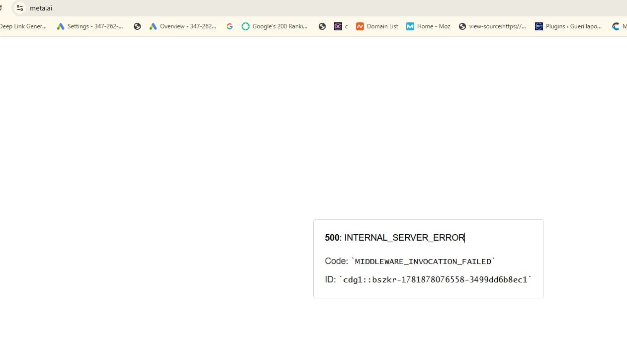 Meta.ai 500 MIDDLEWARE_INVOCATION_FAILED error screen