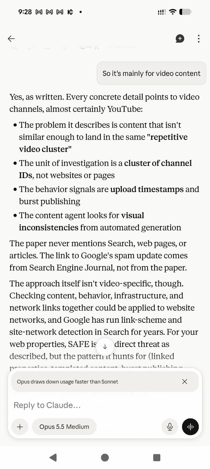 Claude analysis explaining that Google's SAFE research paper focuses on channels, video and coordinated synthetic media rather than website search rankings.