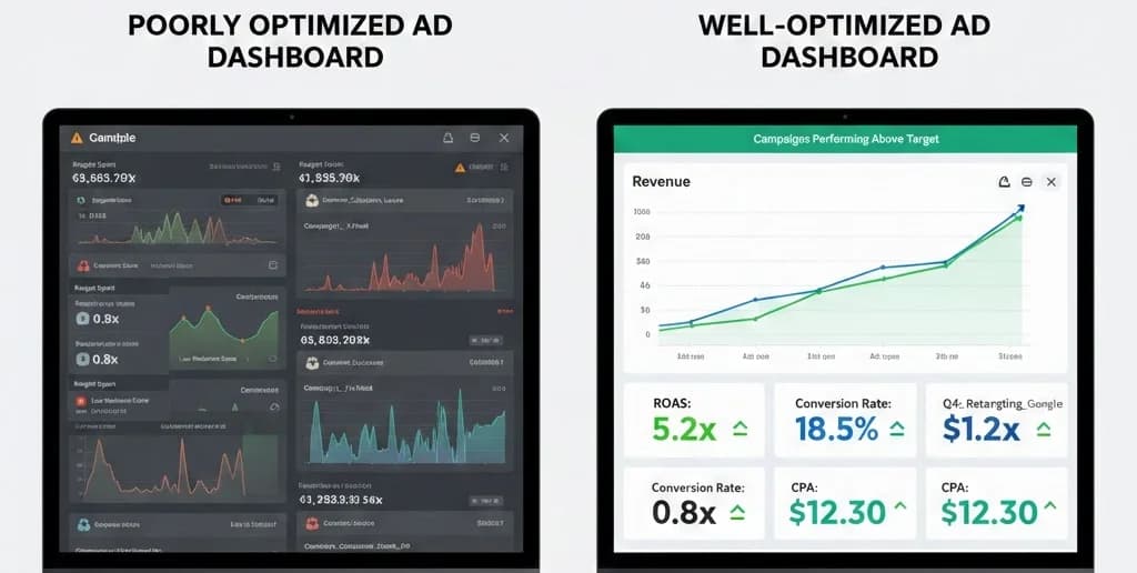 poorly optimized ad dashboard vs. a well-optimized one