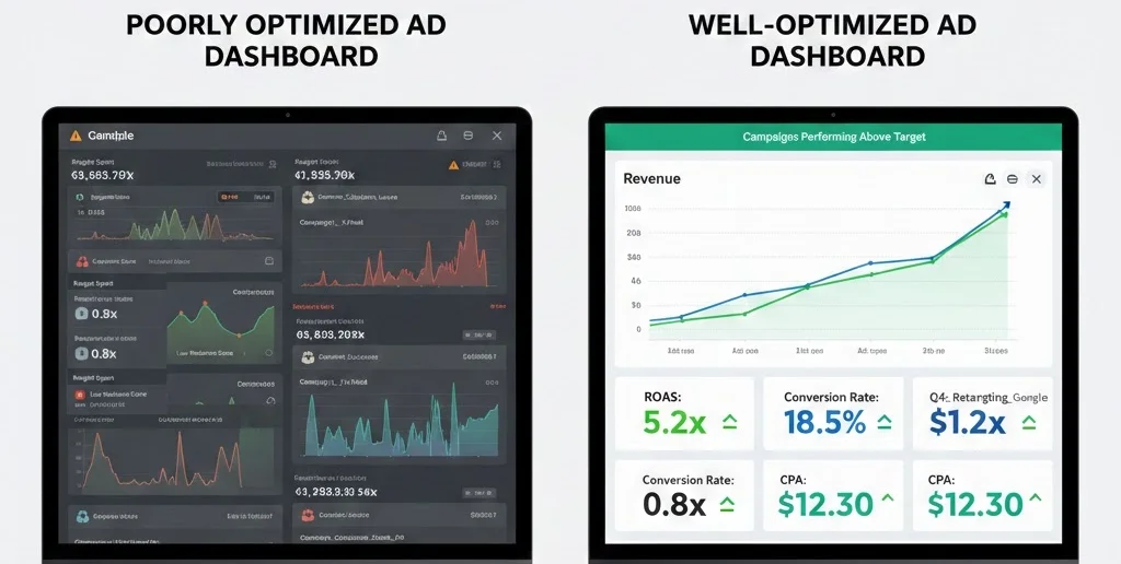poorly optimized ad dashboard vs. a well-optimized one